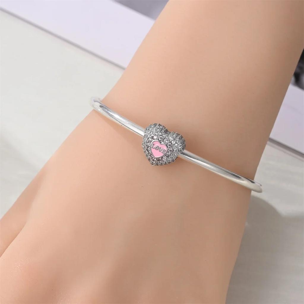 Colorful Full Diamond Charms Copper Heart Blooming Rose Round Beads Pendant Fit Original Bracelets Necklace Jewelry