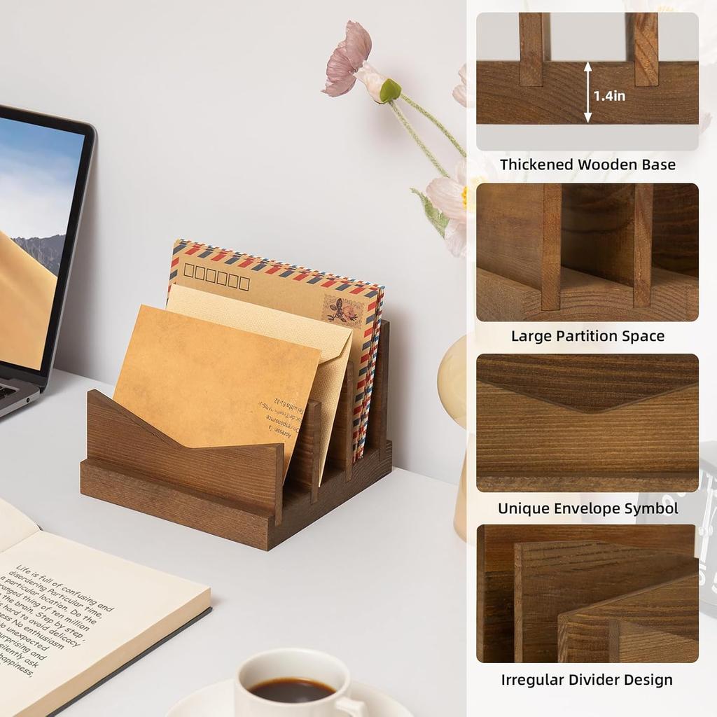 Wooden Mail Organizer Countertop, 3 Slots Mail Holder for Paper, Bill, File, Envelope, Rustic Letter Holder for Desk, Vertical Letter Organizer