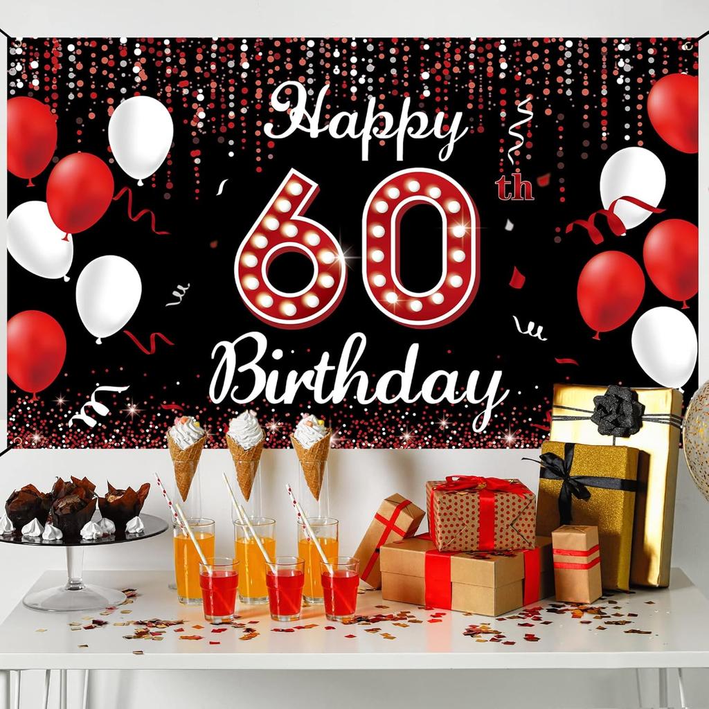 60th Birthday Decoration Banner Backdrop, Happy 60th Birthday Decorations for Women, Red Black White 60 Years Old Birthday Party Photo Booth Props