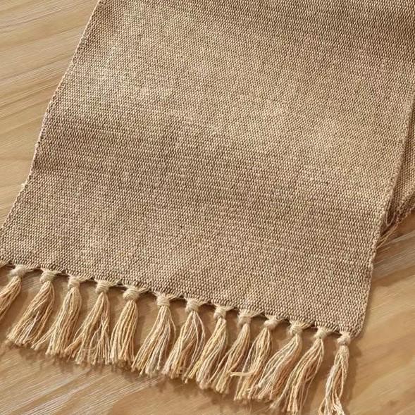 Camino de Mesa con Borlas de Algodón y Lino Hecho a Mano - Mantel Individual de Color Sólido Estilo Americano