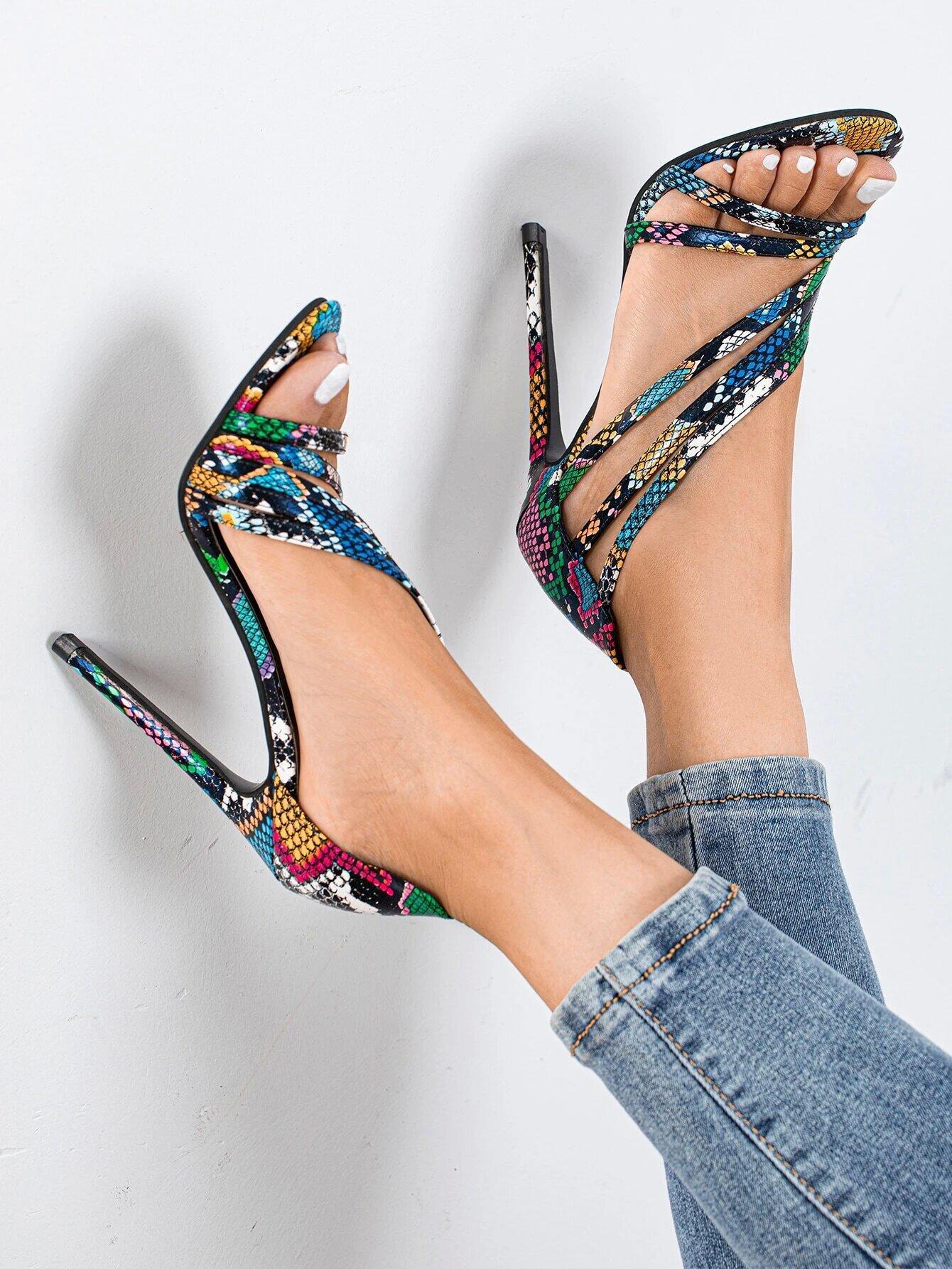 

Fashion Snake-patterned Thin Heel Women Sandals Fad Sexy Roman Pumps Banquet Party Lady High Heels Open Toe Single Shoes Sandalias Mujer 41 зелёный