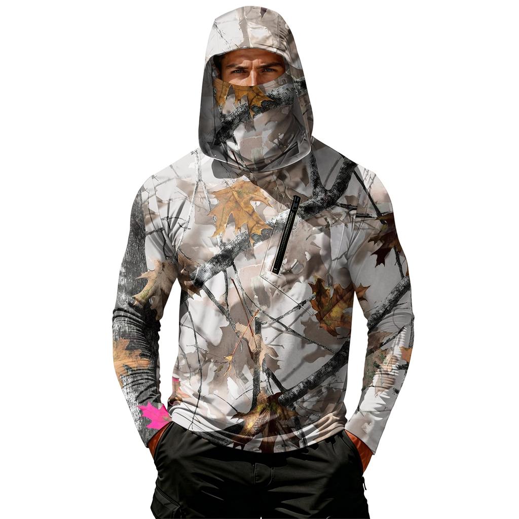 Men's Casual Hoodie Long Sleeve Lightweight Breathable Sun Protection Leaf Camouflage Printed Pullover Shirt with Hood and Chest Pocket