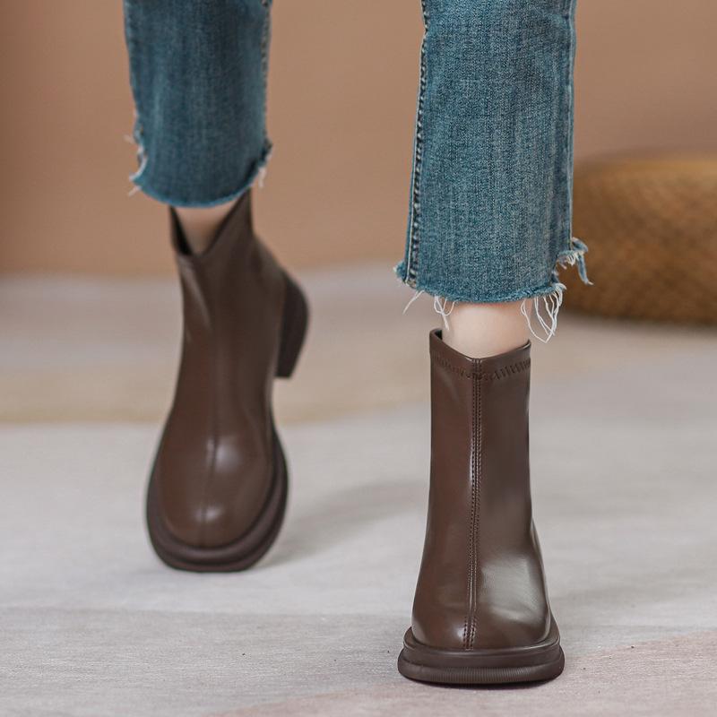 Martin Boots Women's Versatile Thick Heel Flat Bottom Zipper Elastic Short Boots Women's Spring and Autumn Single Boots