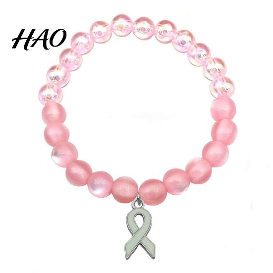 Inspirational Hope Engraved Jewelry Breast Cancer Awareness Bracelets for Women, Ribbon Women Charity Event Souvenir Charm Beaded Elastic Bracelet,