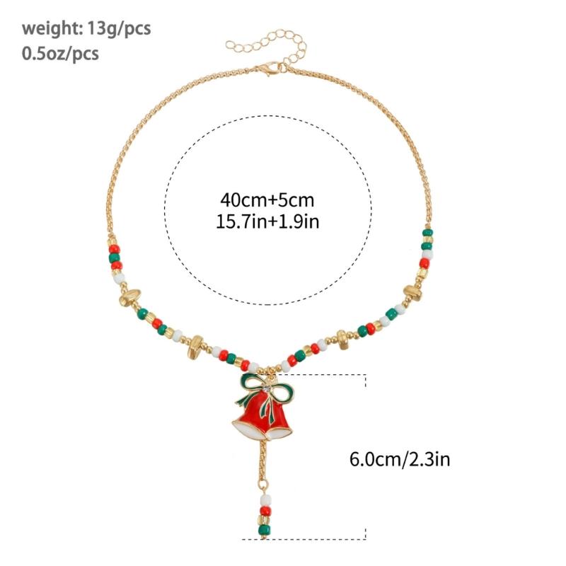Festive Christmas Cartoon Bell Pendant Beaded Necklace Adjustable Collarbone Chain Jewelry Gift For Women
