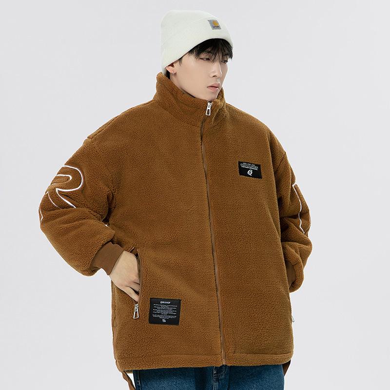 Lamb wool jacket men's new fashion embroidered granular fleece couple autumn and winter sweater loose thickened warm cotton-padded coat