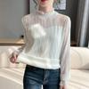 Fleece Lined Brushed Lace Shirt Base Layer Autumn Winter Striped Flocking Versatile Top Sweater Inner Mesh