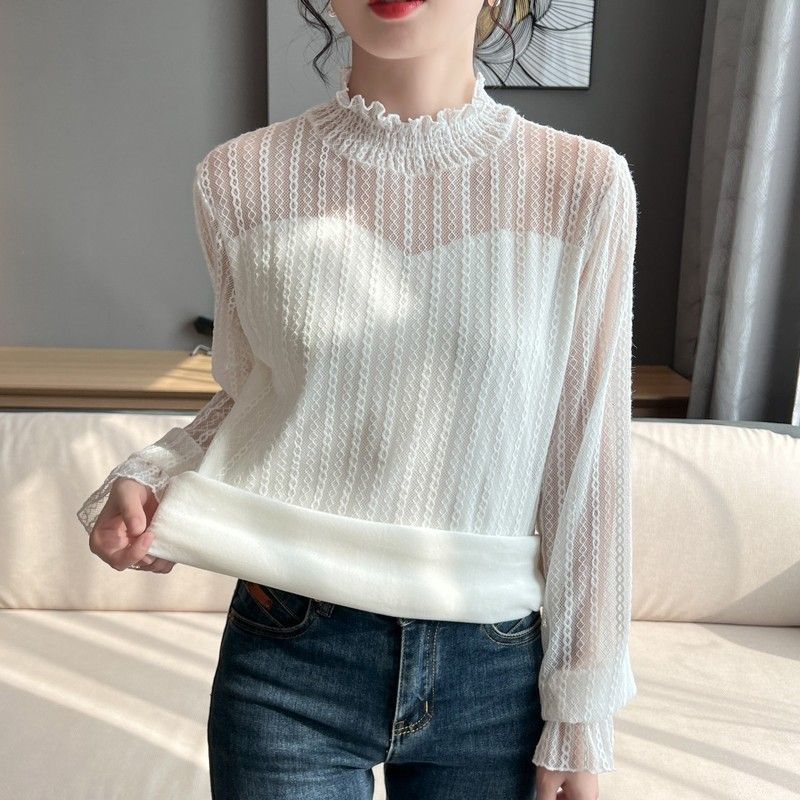 Fleece Lined Brushed Lace Shirt Base Layer Autumn Winter Striped Flocking Versatile Top Sweater Inner Mesh