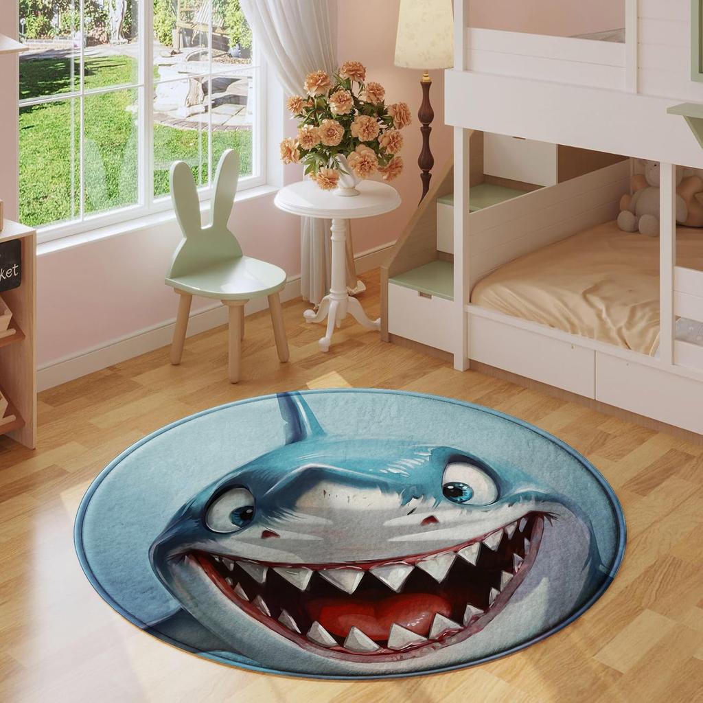 3D Realistic Shark Round Floor Mat, Funny Shark Face Non-Slip Rug for Living Room, Bedroom, or Entryway