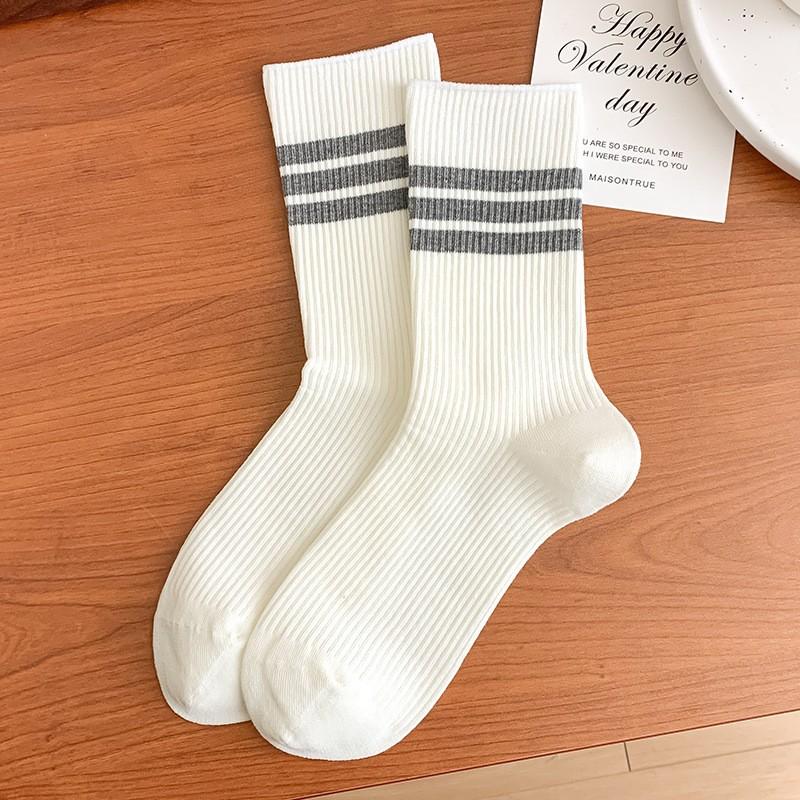 White Striped Socks Pile Socks Spring And Autumn Versatile Cotton Boneless Medium Tube Socks College Style Stockings Women