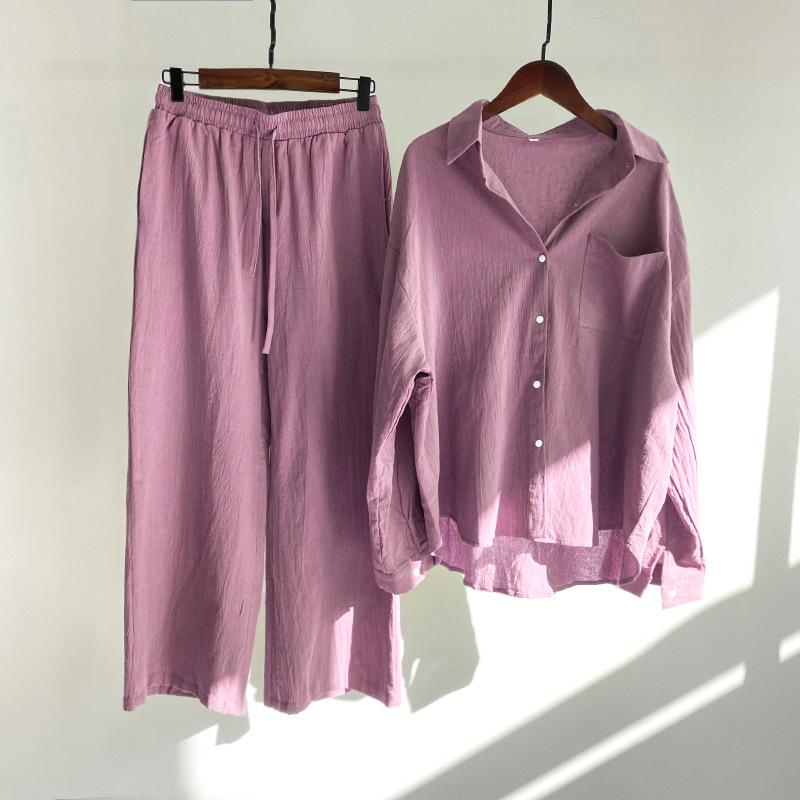 Women's Retro Plus Size 2-Piece Set: Cotton Linen Shirt & High Waist Wide Leg Pants