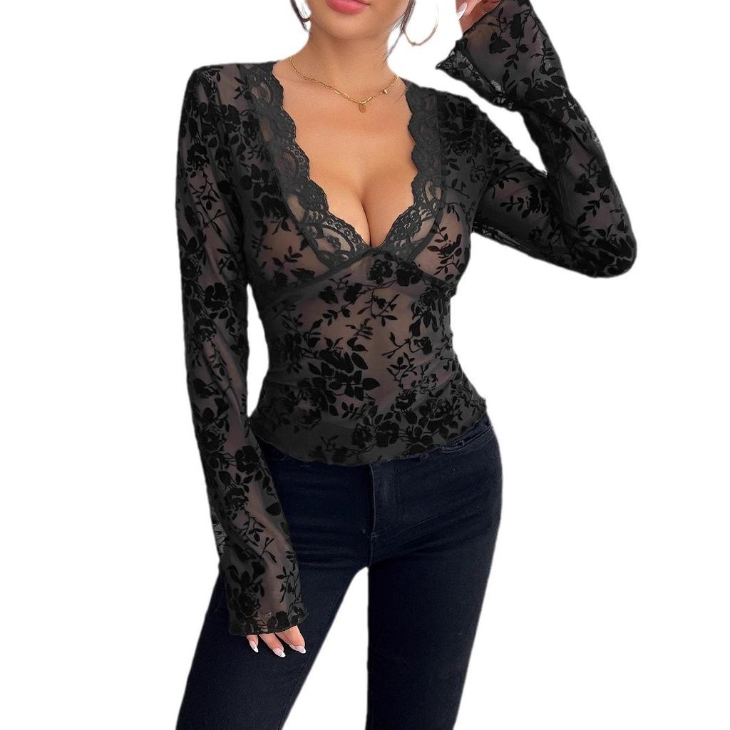 Spring Women's V-Neck Lace Patchwork Mesh Flared Sleeve T-Shirt