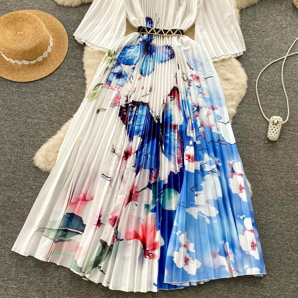 Spring Autumn Women Print Loose Pleated Dress Half Sleeve Oversized Long Maxi Robe