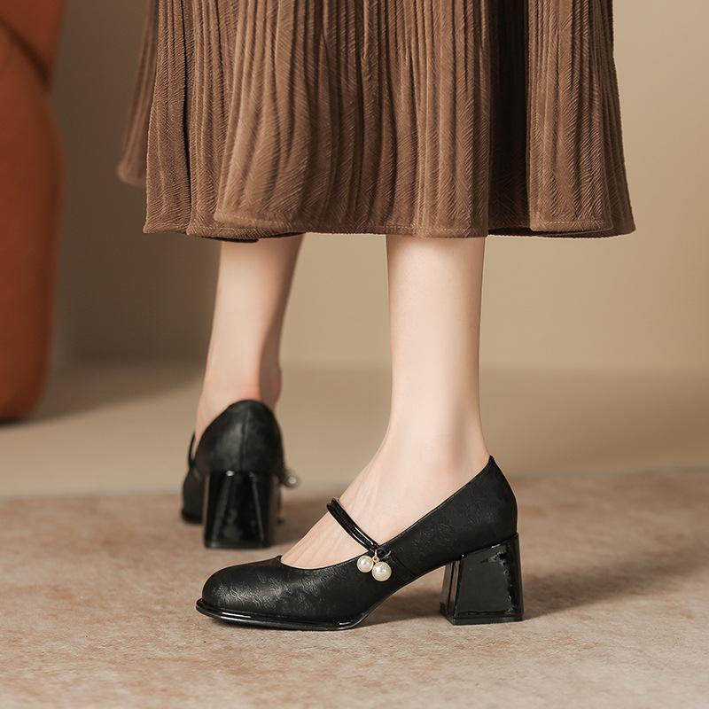 Coarse Heel Mary Jane Single Shoes Women's Round Head Pearl Single Shoes Student Light Mouth Pink Women's Shoes