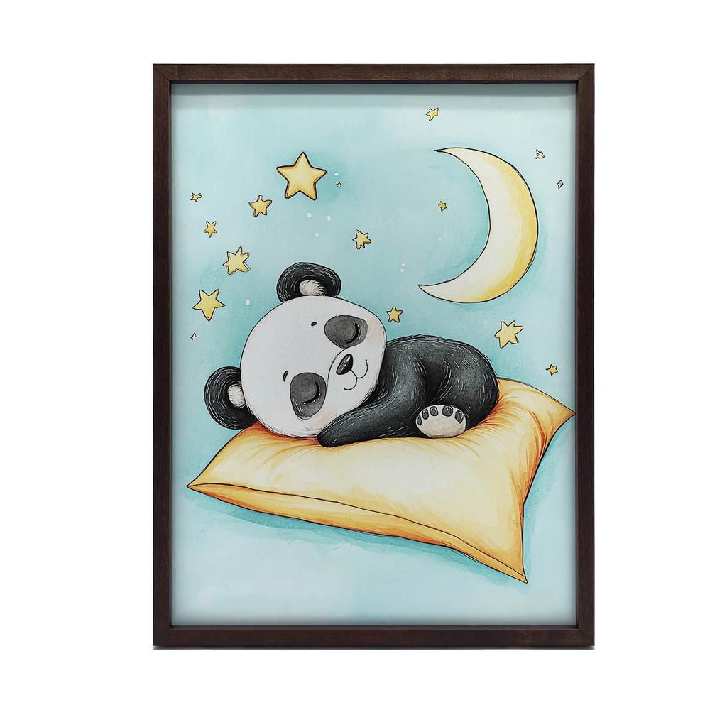 Poster Cute Panda Sleeping On Orange Pillow Poster Cute Panda Sleeping On Orange Pillow, 50X70 Cm, Gold Aluminum Frame, Matte Paper 23