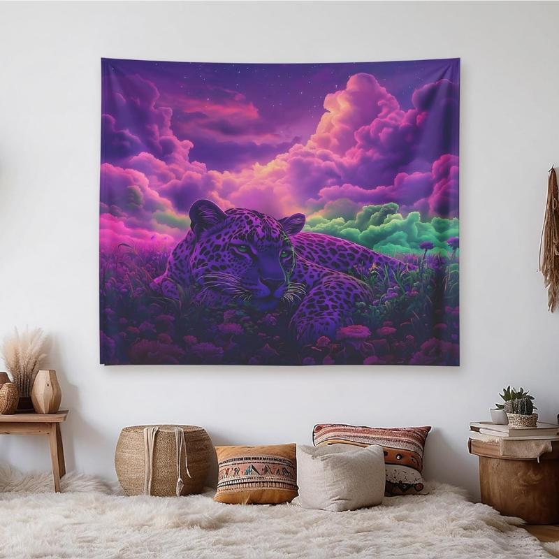 Psychedelic Neon Leopard Tapestry For Bedroom – Dreamy Purple Clouds Wall Art, Large Fantasy Animal Wall Tapestry For Dorm 70x100CM