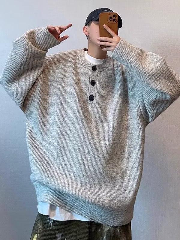 Men's Winter 2025 Henley Collar Slub Yarn Knit Pullover Sweater - Loose Fit with Soft Arctic Fleece