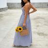 Europe, America 2026 Summer Striped Deep V Neck Dress Holiday Wind Backless Waist Thin Dress