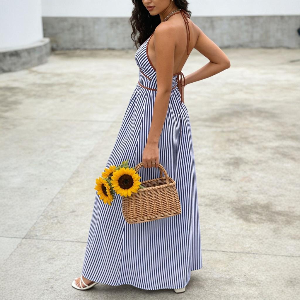 Europe, America 2026 Summer Striped Deep V Neck Dress Holiday Wind Backless Waist Thin Dress