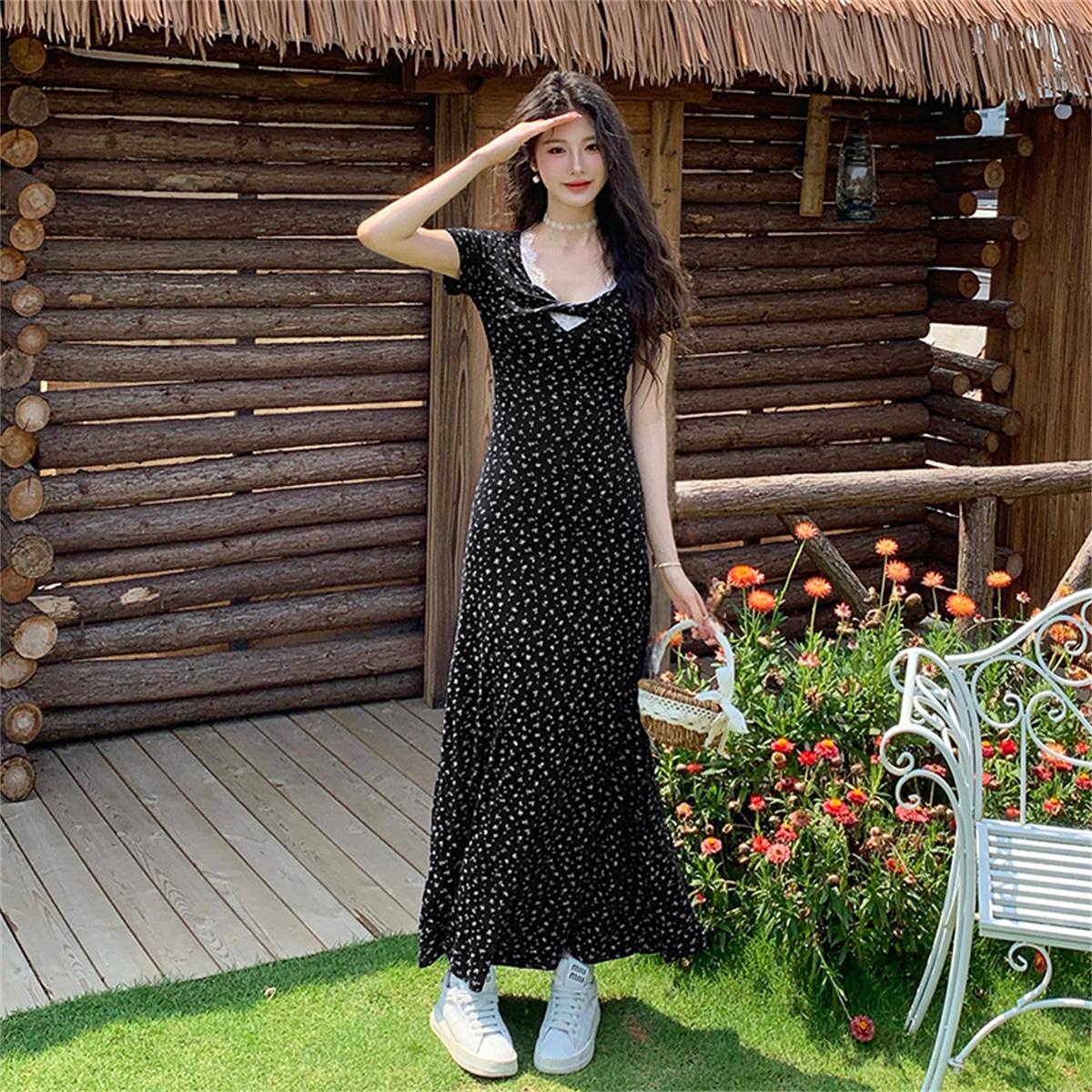 

New Arrival Chiffon Floral Print Summer Dress for Women s V-neck Short Sleeve Lace Splice Slim Vacation Romantic Long Dress 2XL чорний