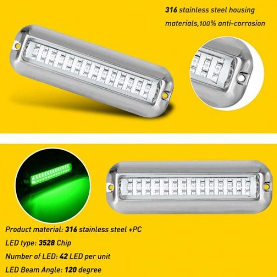 42 LED Green 316 Stainless Steel Underwater Boat Transom Marine Lights Pontoon