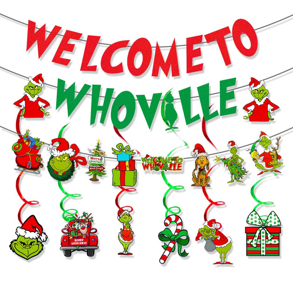 Christmas Grinch Theme Decorative Letter Flag Latte Flower Spiral Pendant Set Customization