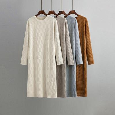 Autumn Winter New O Neck Long Sleeve Solid Color Loose Sweater Chic Knitted Dress
