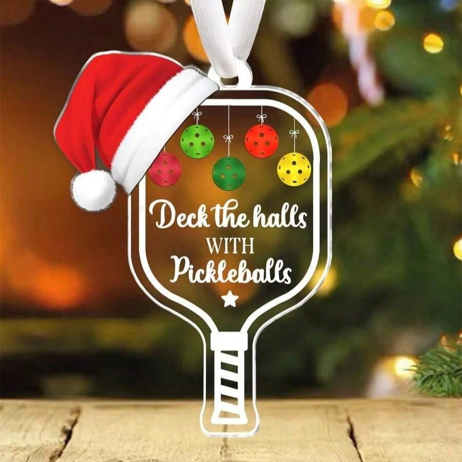 2PCS Deck The Halls with Pickleball Transparent Acrylic Ornament, Xmas Hanging Acrylic Ornaments, Personalized Pickleball Christmas Ornament