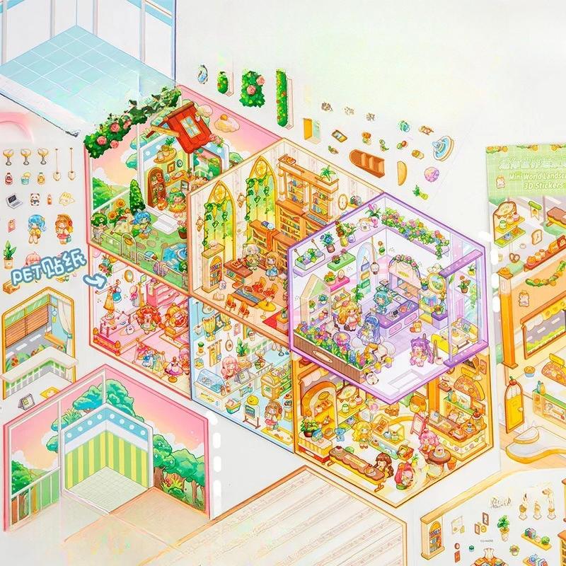 Cartoon Landscape Sticker Mini World DIY Pocket 3D Cabin Scene Stacking Pasting Christmas Birthday Gift for Kid Child
