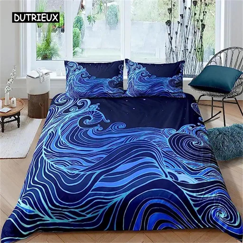 Copripiumino in stile giapponese con onde del mare e dell'oceano, stile nautico, illustrazione disegnata a mano in stile giapponese, decorazione a tema Ukiyoe, blu e crema.