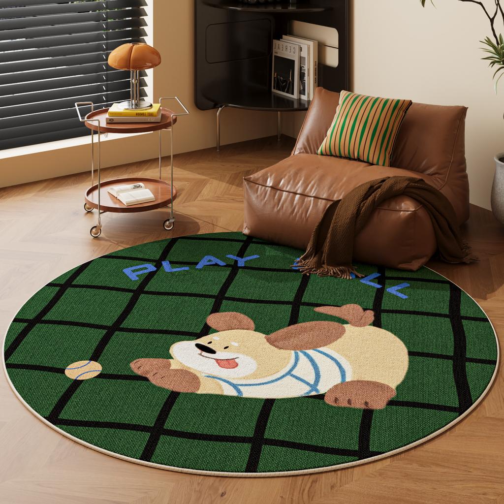 Cartoon Dog Round Carpet Mat - "best Luck" Text Rug with Geometric Border for Living Room Home Decoration Brown Rugs for Bedroom