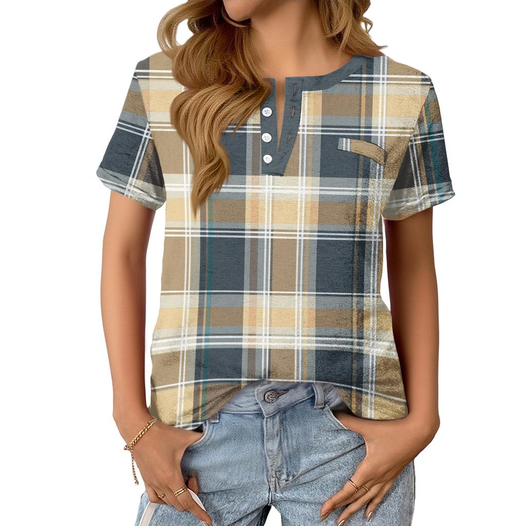Dámský Módní Ležérní Letní Kostkovaný V-výstřih Knoflíky Krátký Rukáv Top