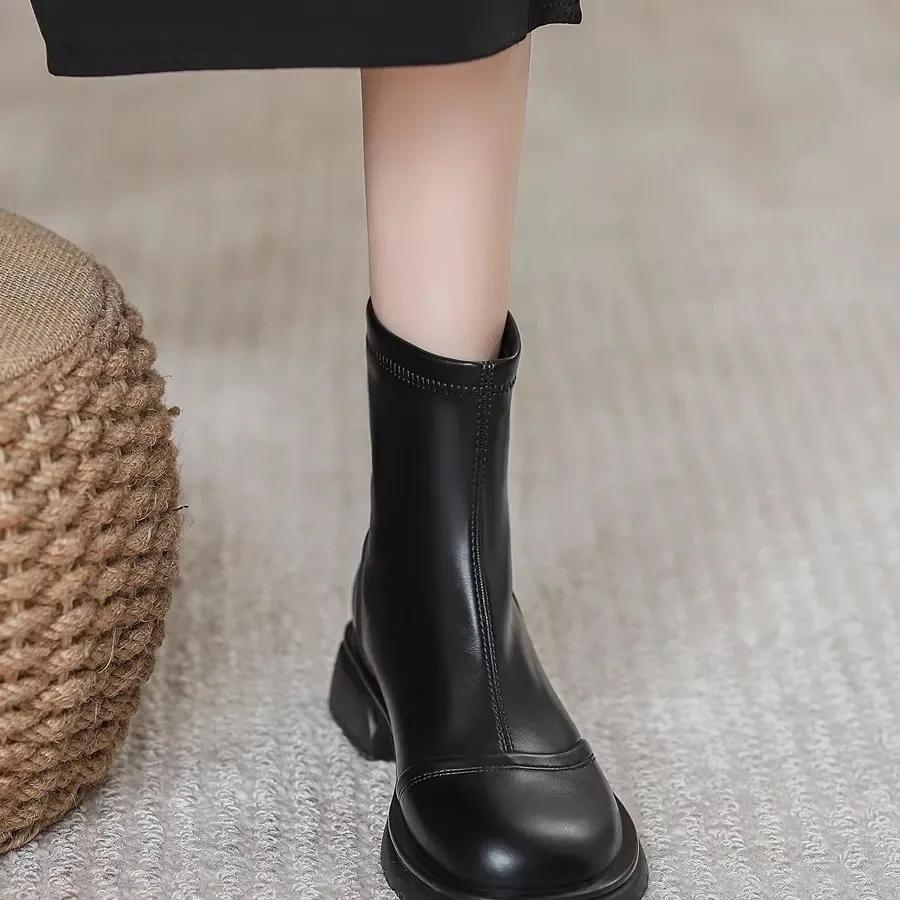 Fashion Ankle Boots for Women Fall/Winter Black Round Toe Low-heeled Zipper Booties British Style Chunky Heel Non Slip Women Botas Mujer