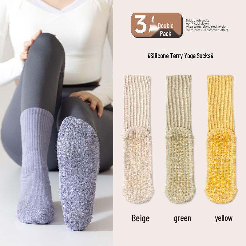 Women's Non-Slip Mid-Calf Yoga Socks - Thick Terry Pilates Fitness Socks