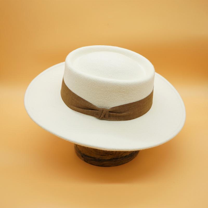 French Retro Simple White Woolen Flat Top Panama Top Hat Female Autumn And Winter British Celebrity Felt Elegant Hat