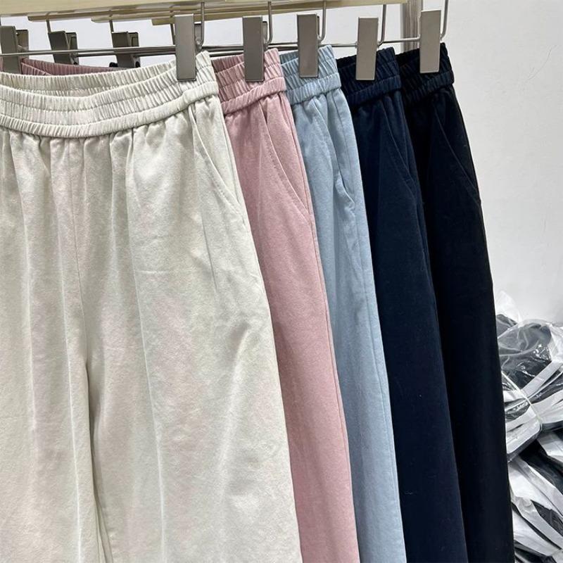 Women Casual Wide Leg Pants Elastic Waist Ruffle Hem Cropped Pants