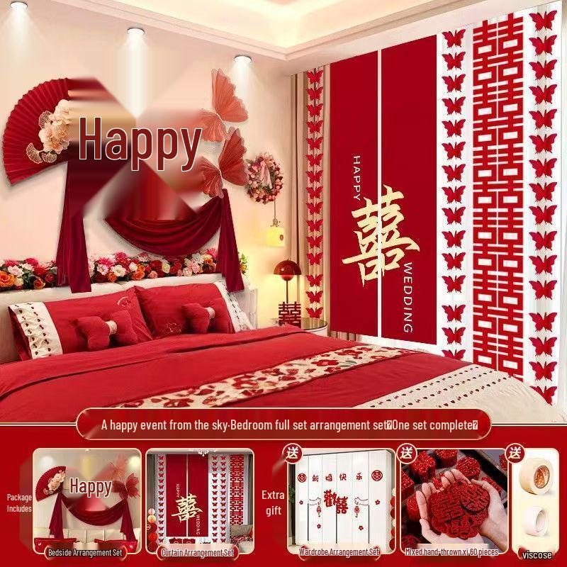 Elegant Wedding Room Decoration Set: Complete Bedroom & Bedside Table Arrangement