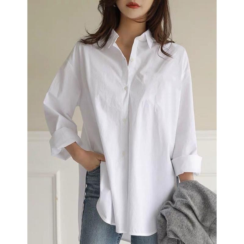 Fashion Casual Plus Size Loose Women's Shirts Button Up Long Sleeve Irregular Autumn White Blouses Women Solid Simple Office Ladies Blouse Tops 26027