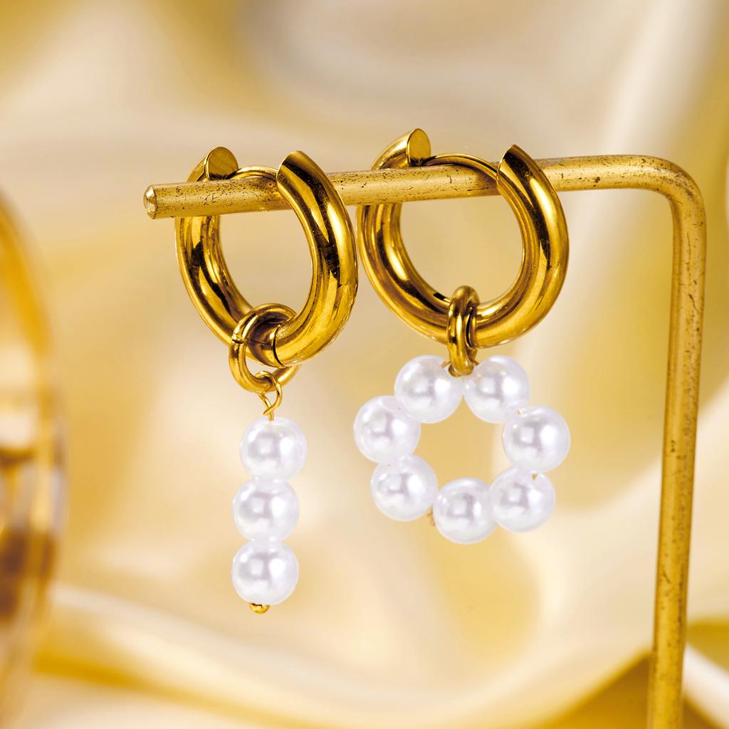 Mismatched Stainless Steel Pearl Hoop Drop Earrings Women Luminous Warm Finish Asymmetrical Dangle Aesthetic Jewelry Presents