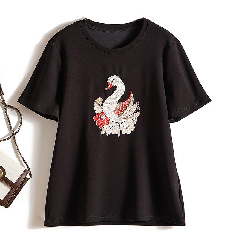 

Color Rhinestone Flash White Swan! Girls round Neck Composite Cotton Short Sleeve Pullover T-shirt Chic Easiest for Match Wear Tops Black L