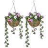 Set of 2 Artificial Silk Azalea Flowers, Hanging Planters with Basket, Faux Plants for Home Indoor Outdoor Decor, Pink and White