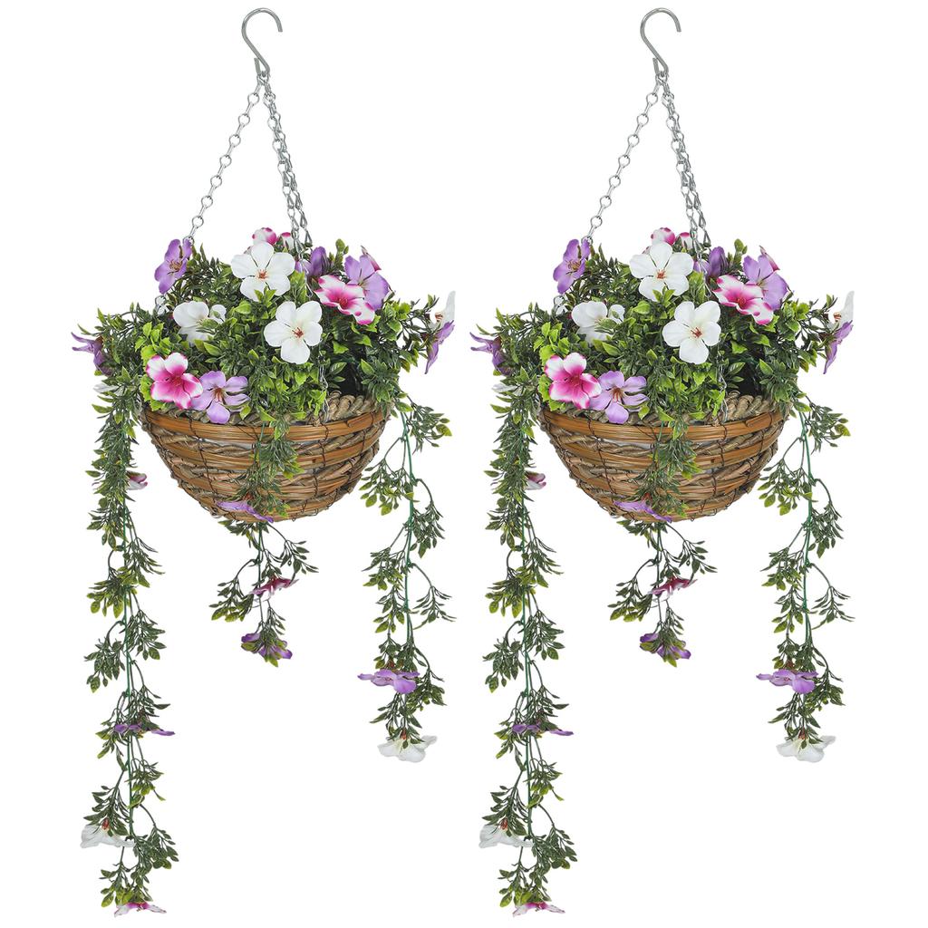 Set of 2 Artificial Silk Azalea Flowers, Hanging Planters with Basket, Faux Plants for Home Indoor Outdoor Decor, Pink and White