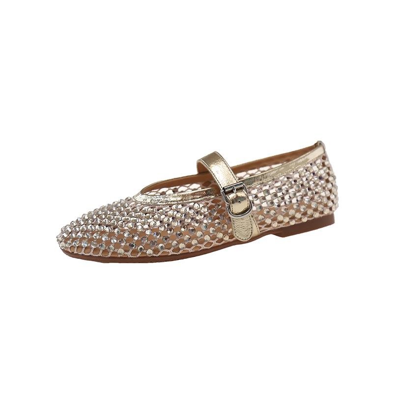 Fashion Luxury Crystal Rhinestone Fishnet Ballet Flats Woman Brand Design Rivet Mesh Mary Jane Shoes Ladies Summer Loafers Plus Size 40