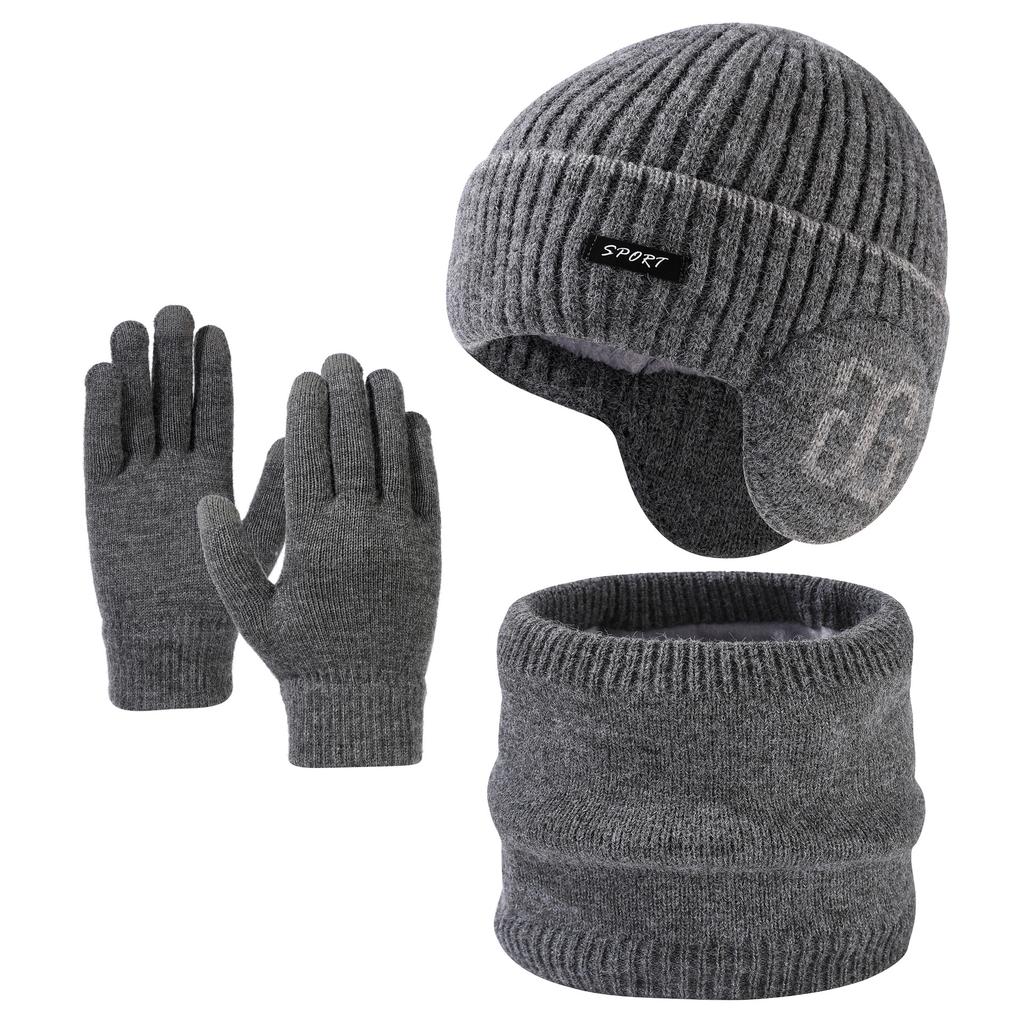 Fashion Ear Protection Knitted Wool Hat Outdoor Cycling Warm Hat Scarf Gloves Three-piece Men's Set