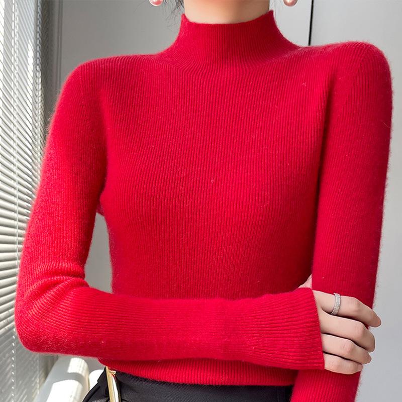 Women's Seamless Slimming Knit Top - Half-High Neck, Long Sleeve, Elegant Autumn/Winter Wool Innerwear