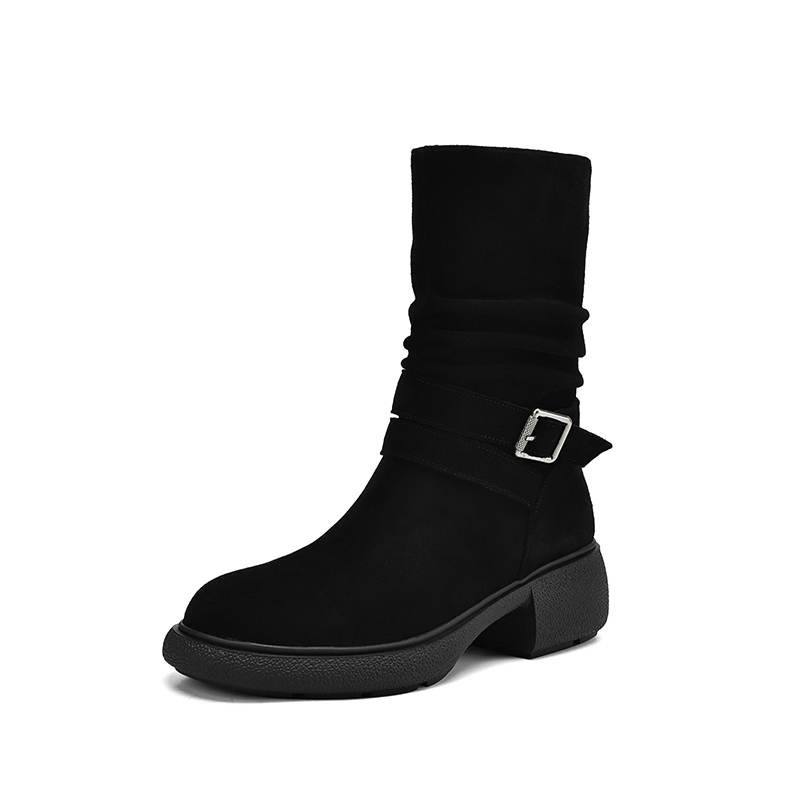 Krazing Pot Cow Suede Nubuck Pleated Decoration Autumn Winter Shoes Chunky Heels Size 43 Size 42 Round Toe Zipper Retro Fashion Mid-calf Boots