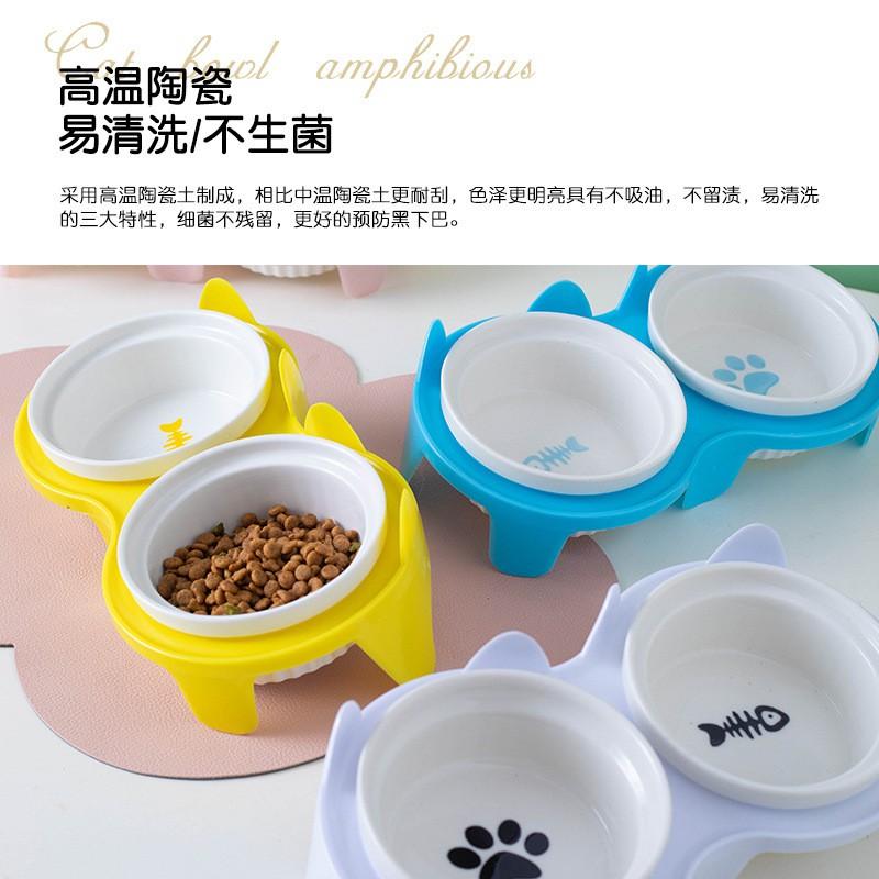 Ceramic Dual Bowl Cats Elevated Slanted Design Prevent Neck Strain Food Water Feeder Non-Spill