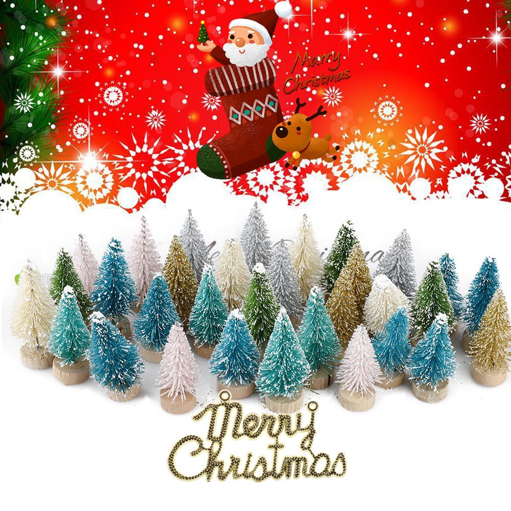 33Pcs Multicolor Mini Pine Christmas Trees Frosted Sisal Trees With Wood Base Plastic Winter Snow Ornaments Tabletop Trees Decor