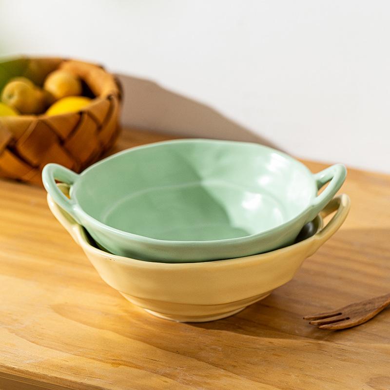 Ceramic Salad Bowl with Handle Binaural Bowl Irregular Ceramic Kitchen Soup Noodles Dessert Salad Bowl Heat-resistant Design 1PC