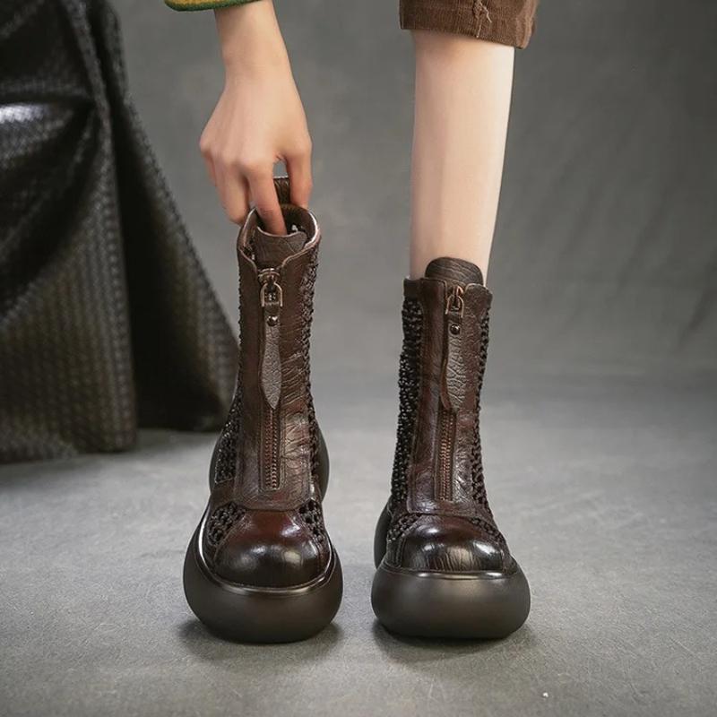 Johnature Genuine Leather Patchwork Mesh Thick Heel Hollow-out Boots Retro Women's Platform Shoes